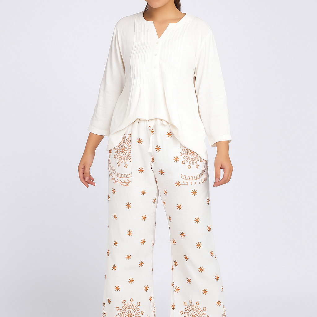 Luna Embroidered Tunic & Pant Set - White Pintuck Co-ord