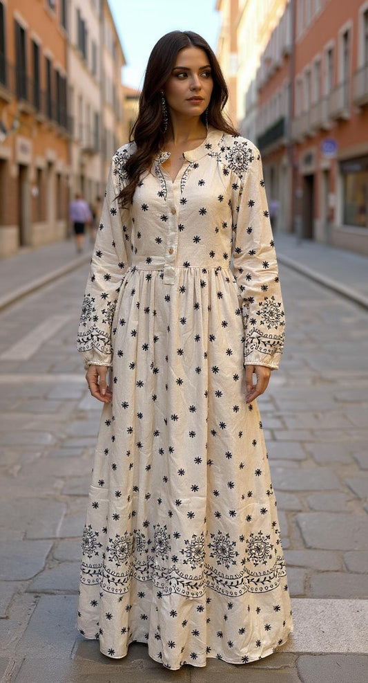 Amara Embroidered Folk Tunic Dress - Boho Button-Front Midi