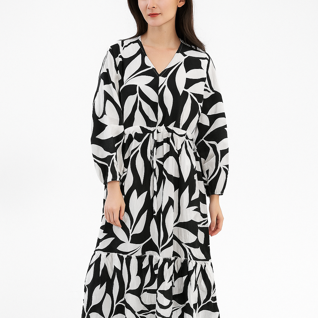 Black & White Leaf Print Midi Dress - Long Sleeve V-Neck Tie Waist Dress with Ruffle Hem