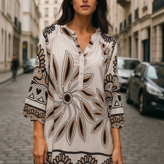 Nova Artistic Print Tunic - Boho V-Neck Blouse