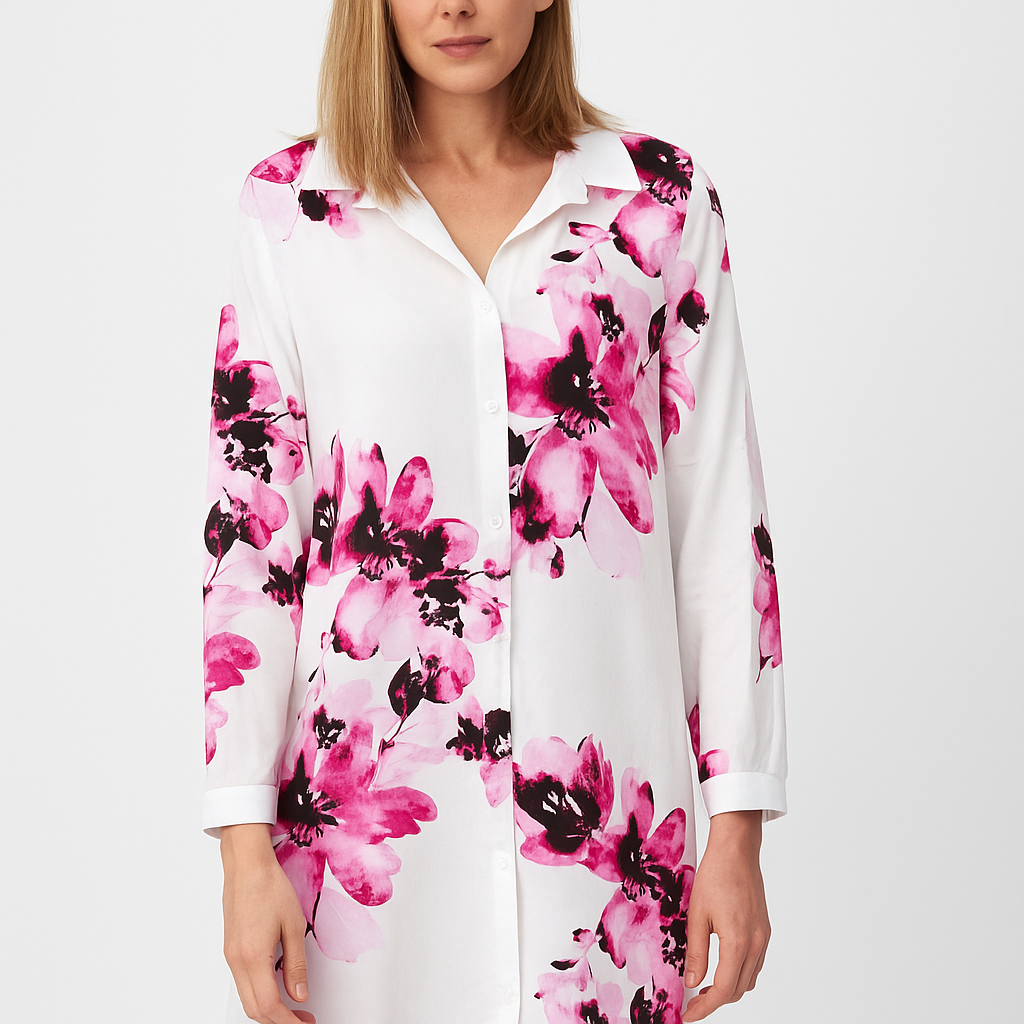 White & Pink Floral Print Shirt Dress - Long Sleeve Button Down Midi Dress