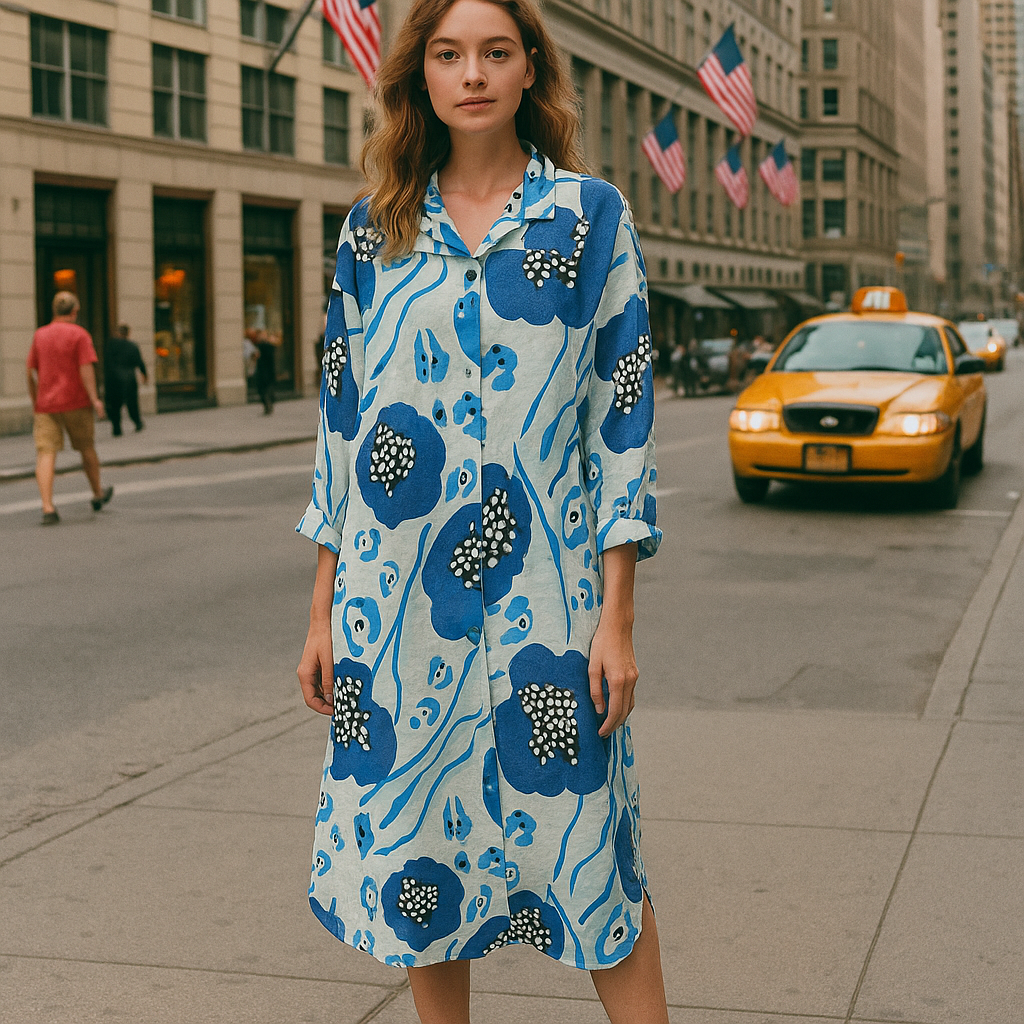 Blue Abstract Floral Print Shirt Dress - 3/4 Sleeve Button Front Midi Dress