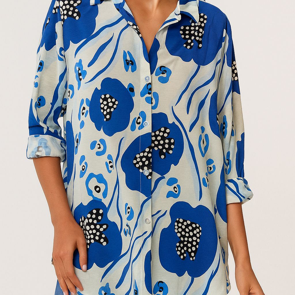 Blue Abstract Floral Print Shirt Dress - 3/4 Sleeve Button Front Midi Dress
