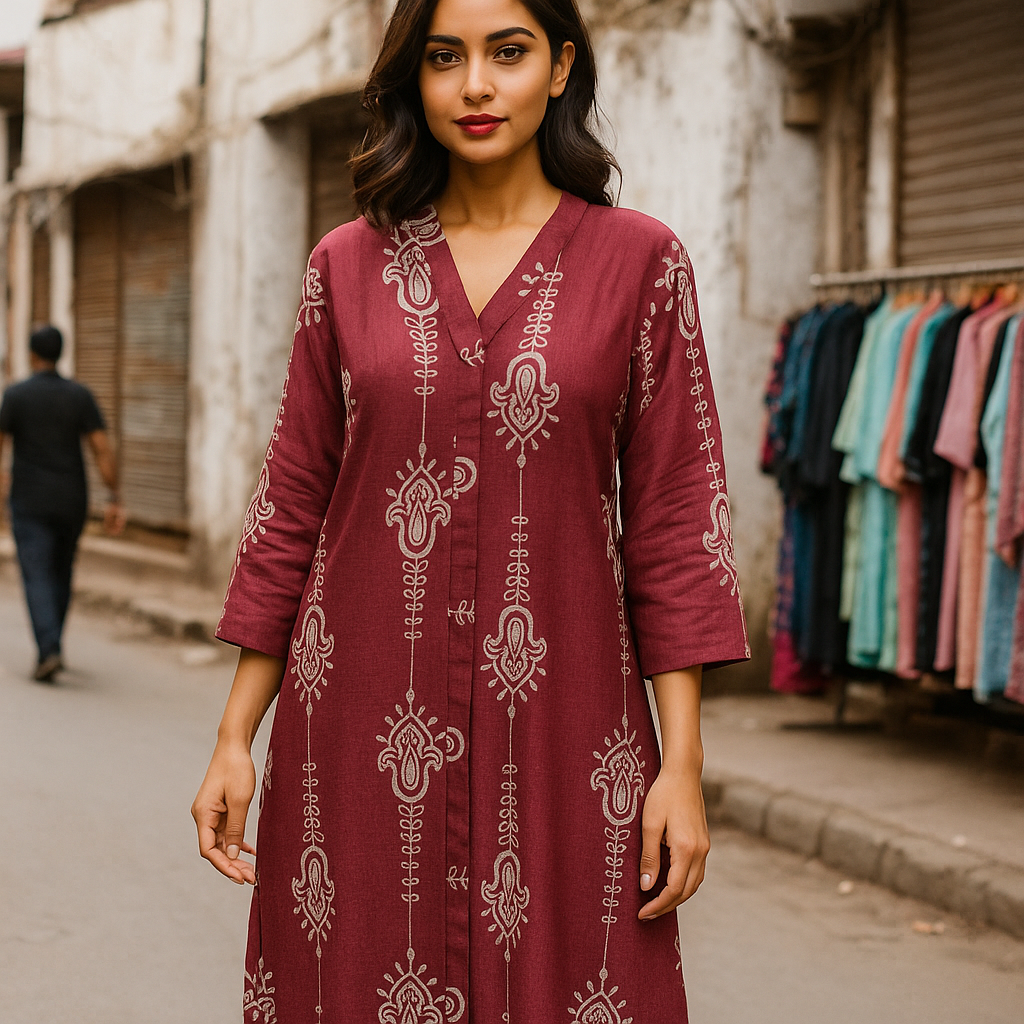 Indira Embroidered Tunic - Burgundy V-Neck Kurta