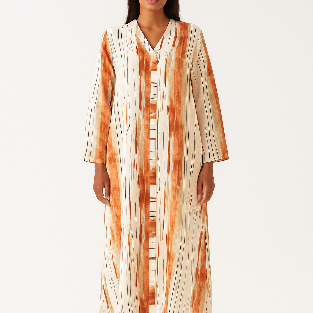 Sahara Brushstroke Maxi Dress - V-Neck Button-Front Kaftan