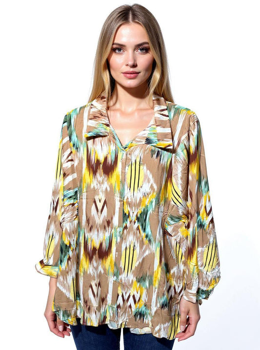 Zola Abstract Ikat Tunic - Relaxed Fit Collared Blouse