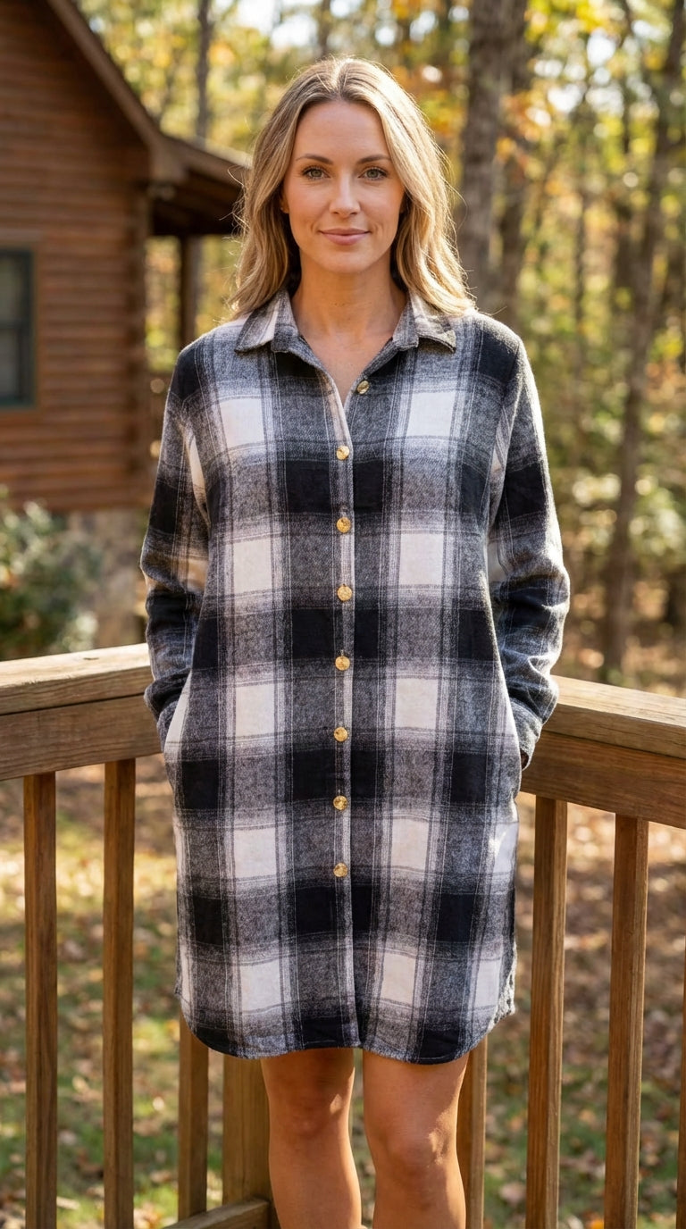 Cozy Plaid Relaxed Fit Shirt Dress  789