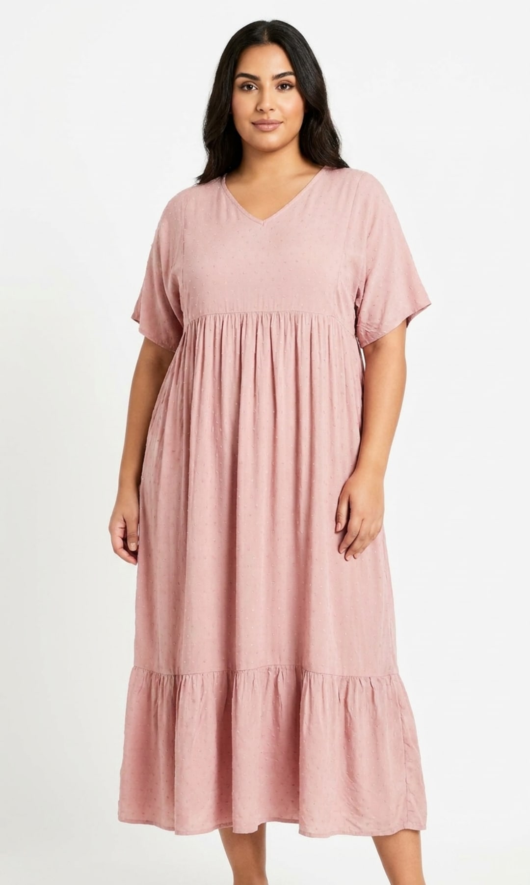 tiered long sleeve midi dress in swiss dot Relaxed Pink V-Neck – 789 Size:custom made 18-24 US STYLE::Dresses brunch dining Madame Alexander 22480 Victorian