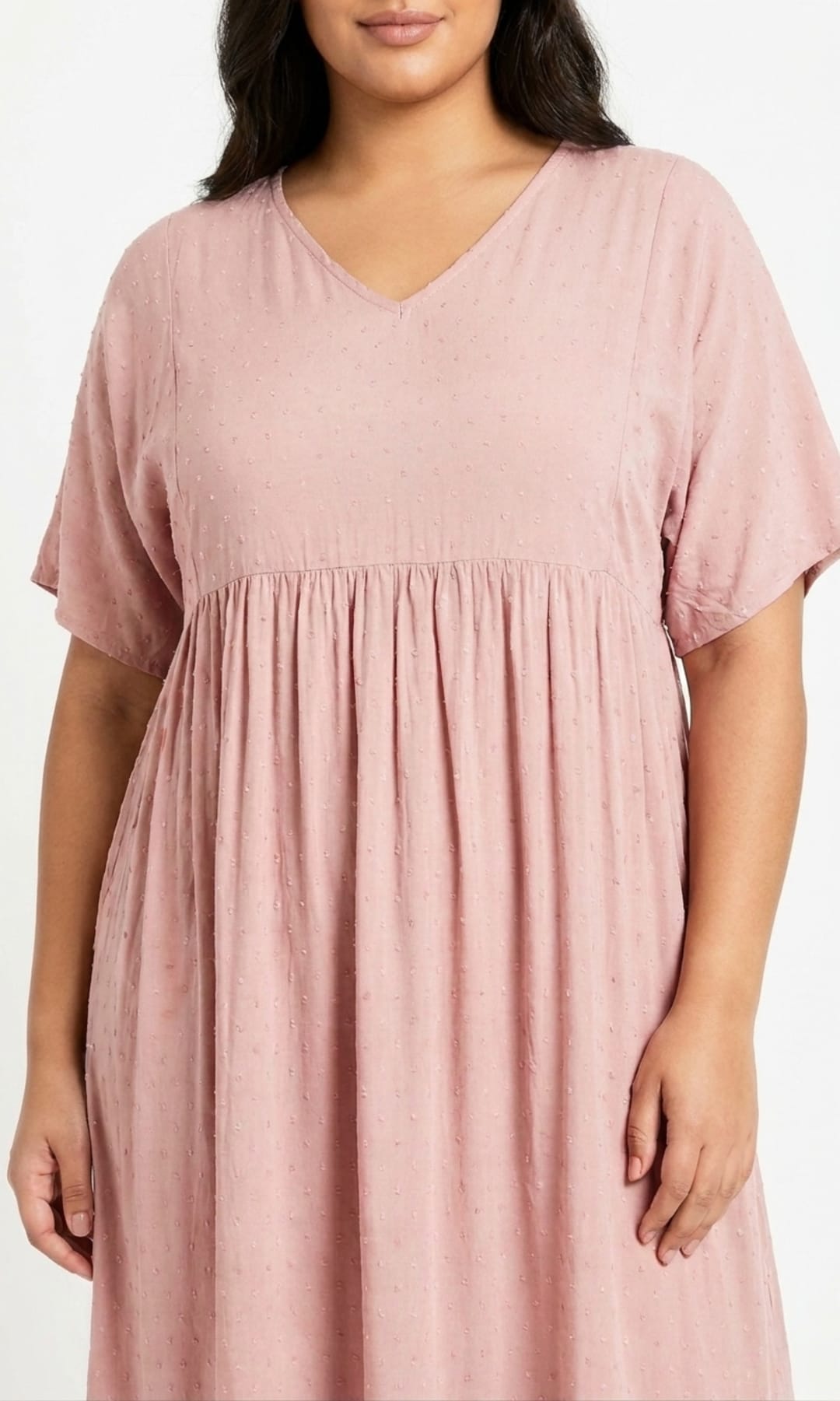 Relaxed Pink Swiss Dot Tiered V-Neck Midi Dress – 789