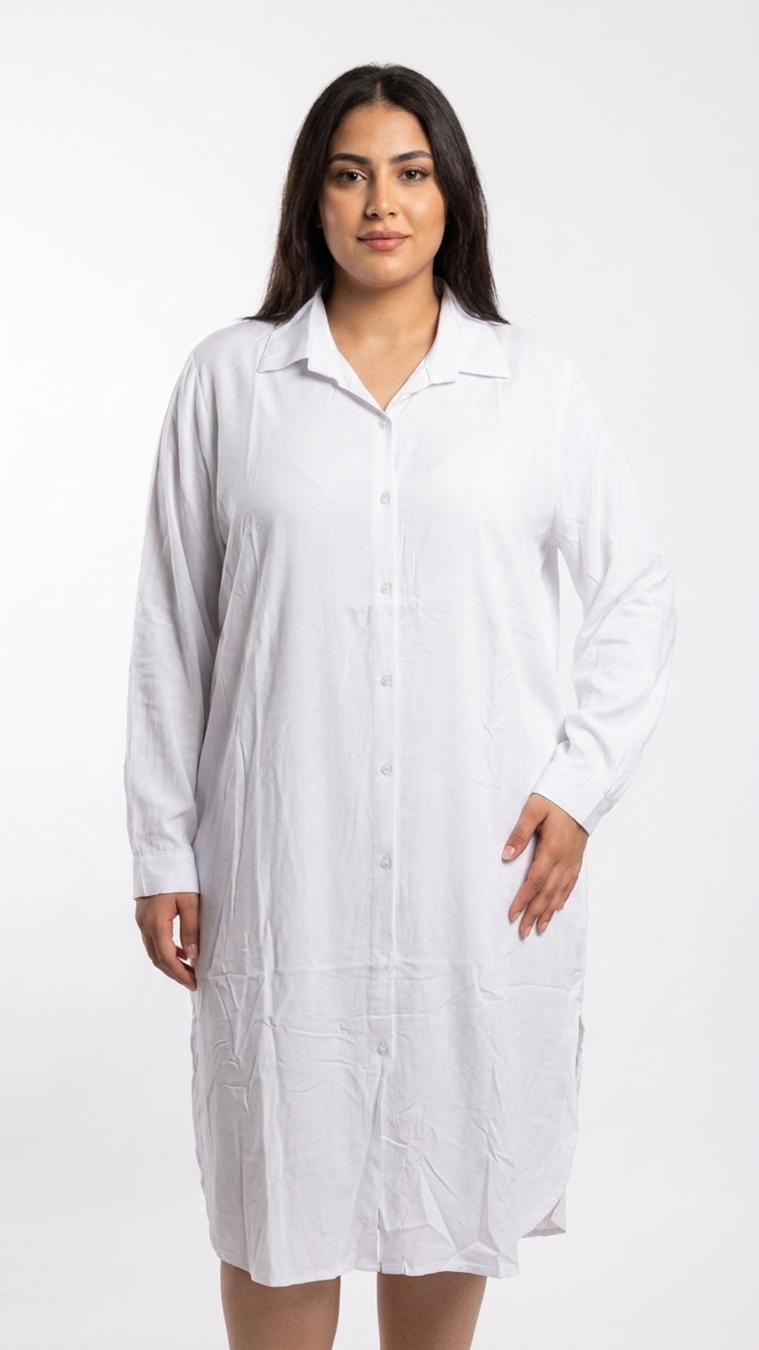 White Relaxed Fit Long Sleeve Button-Down Shirt Dress – 789